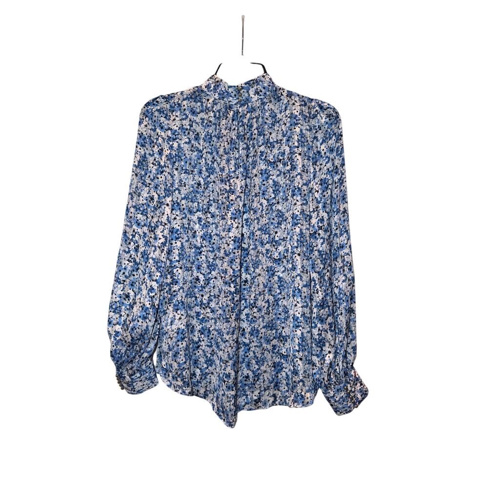 H&M Womenโs Small Blue Floral High Neck Pleated Long Sleeve Blouse